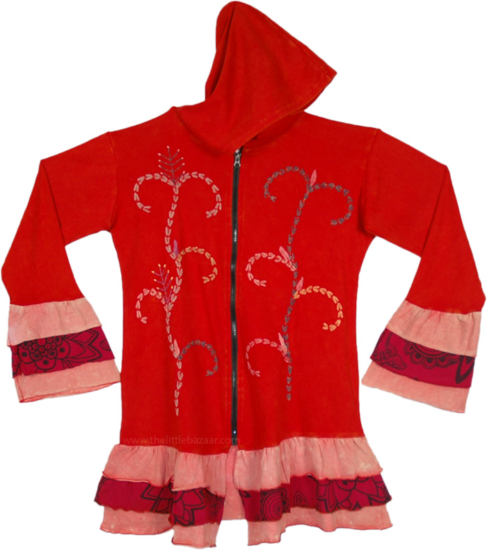 Red Blossom Flared Charm Hippie Cotton Zipper Hoodie