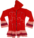 Red Hooded Jacket with Thread Embroidery and Flared Look [9074]