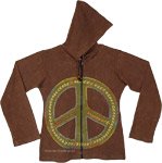 Stonewashed Brown Hoodie with Big Peace Applique and Embroidery [9527]