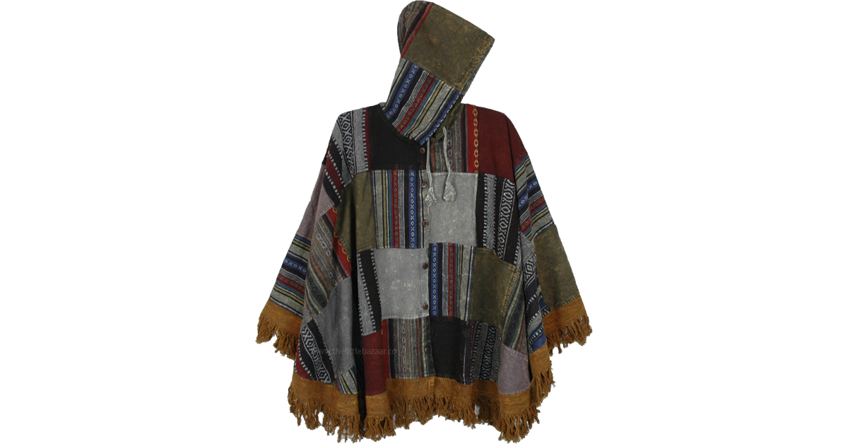 Asphalt Patchwork Poncho Hoodie with Buttons and Fringes | Scarf-Shawls ...