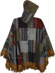 Grey Patchwork Winter Heavy Weave Poncho with Button Front [9643]