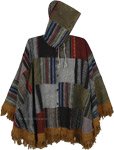 Asphalt Patchwork Poncho Hoodie with Buttons and Fringes