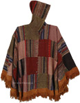 Brown Patchwork Winter Heavy Weave Poncho with Button Front [9665]