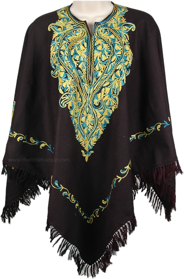 Ladies Embroidered Wool Black Poncho with Fringe