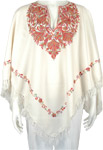 Creamy White Kashmiri Wool Poncho with Floral Embroidery