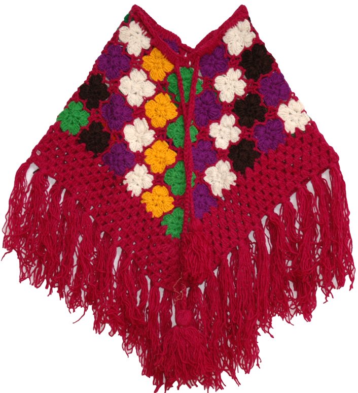Small Crochet Patchwork Pink Wool Fringe Poncho