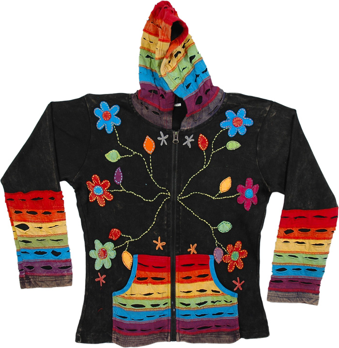 Rainbow Hooded Fall Jacket in Cotton with Embroidery