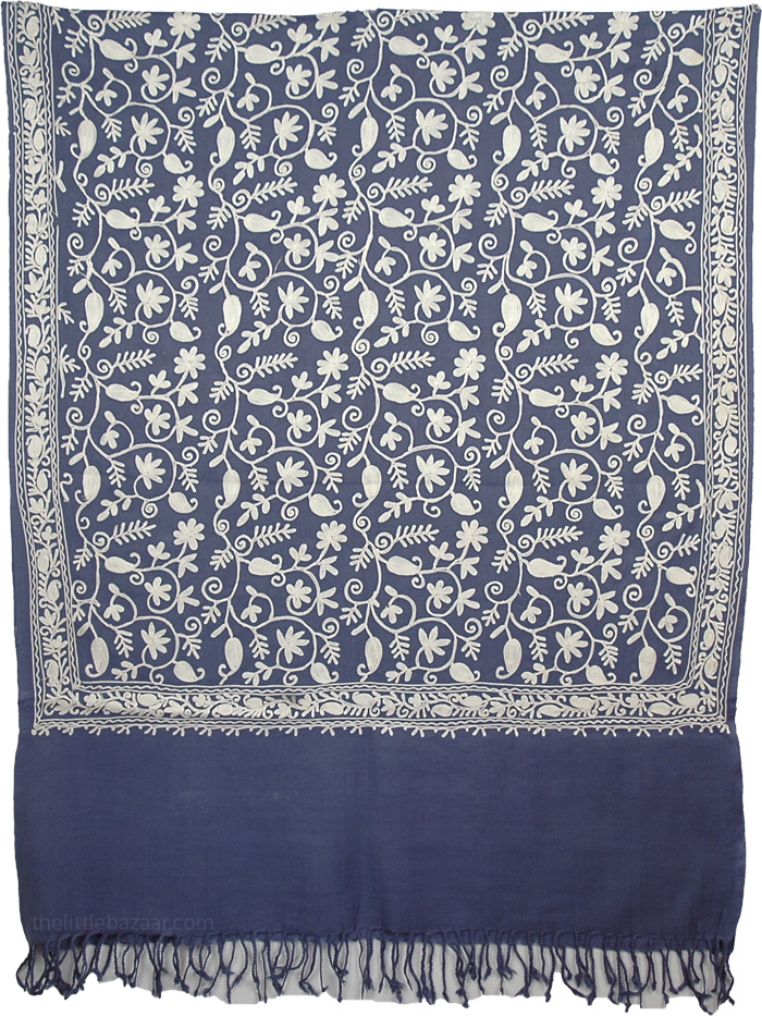 Blue Embroidery Wool Stole