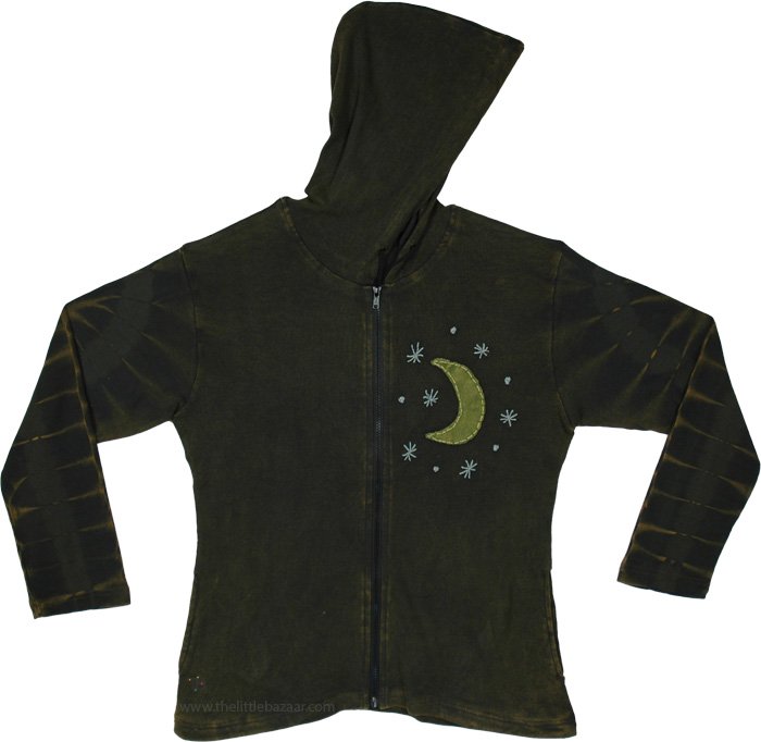 Crescent Moon Celestial Boho Hooded Zip Jacket