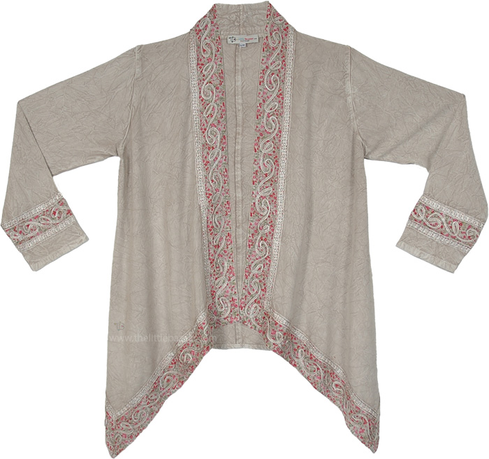Beige Flowy Embroidered Boho Hippie Duster Kimono