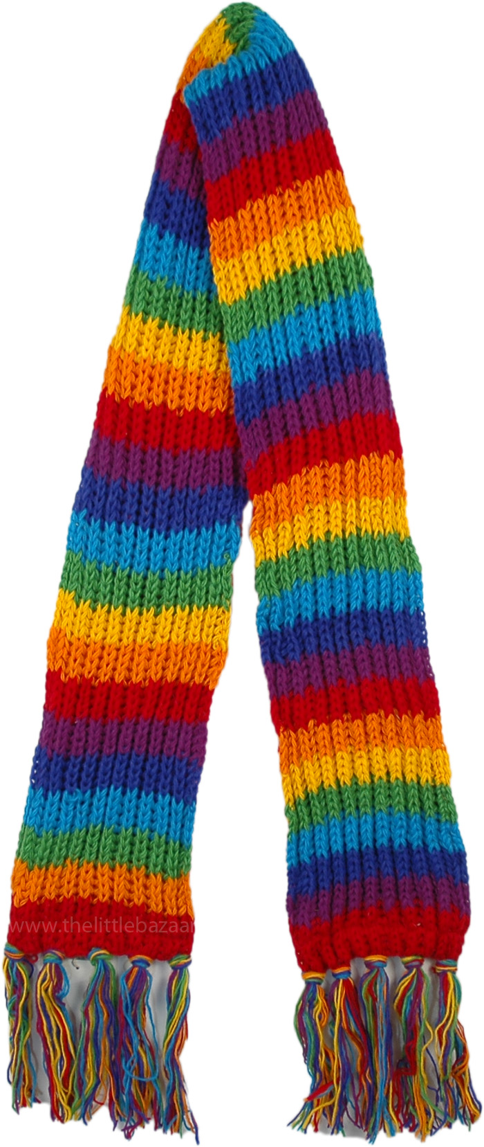 Hand Knit Pure Wool Rainbow Scarf Fleece Lined