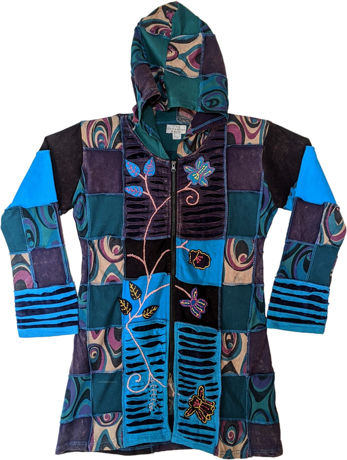 Turquoise Patchwork Long Zip Up Cotton Jacket in Small ScarfShawls