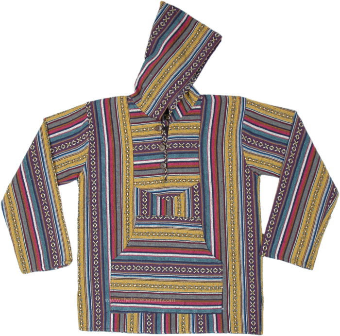 Hippie Pullover Jacket in Beige Striped Canvas and Hoodie Scarf