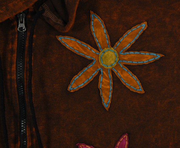 Stonewashed Brown Hippie Cotton Hoodie with Floral Appliques