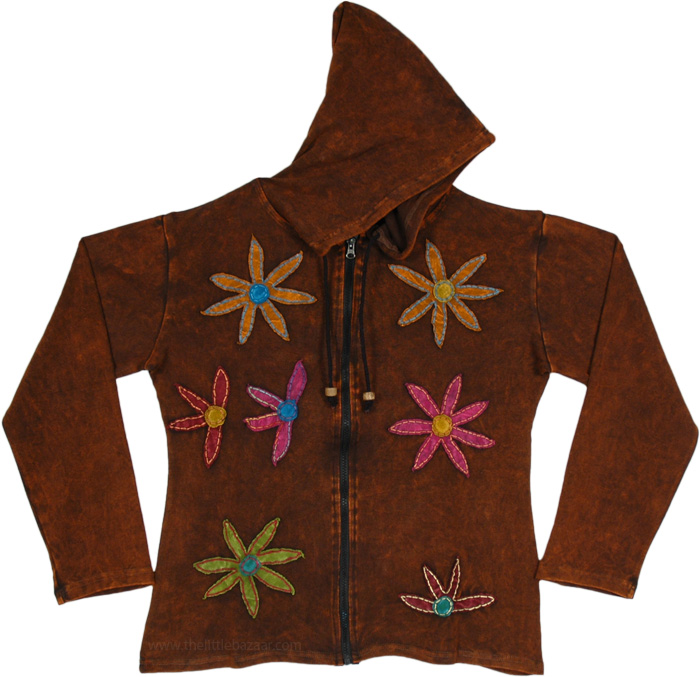 Stonewashed Brown Hippie Cotton Hoodie with Floral Appliques