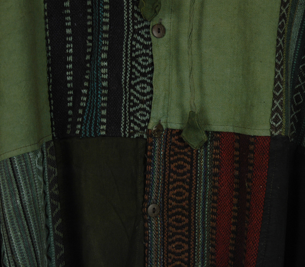 Green Toned Patchwork Poncho with Button Front and Fringes