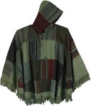 Green Toned Patchwork Poncho with Button Front and Fringes