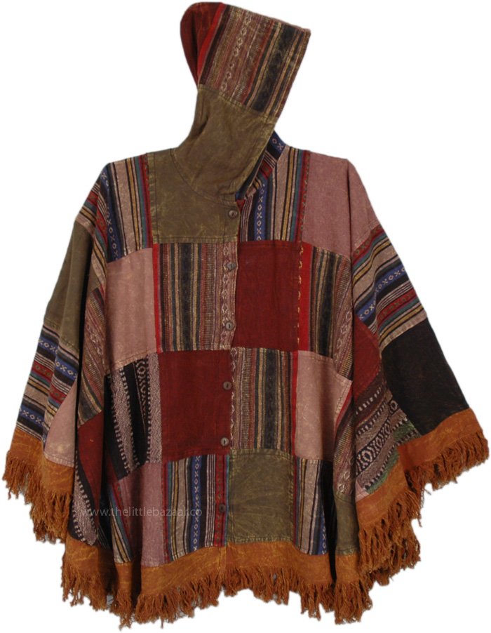 Mulch Patchwork Buttoned Poncho Winter Hoodie