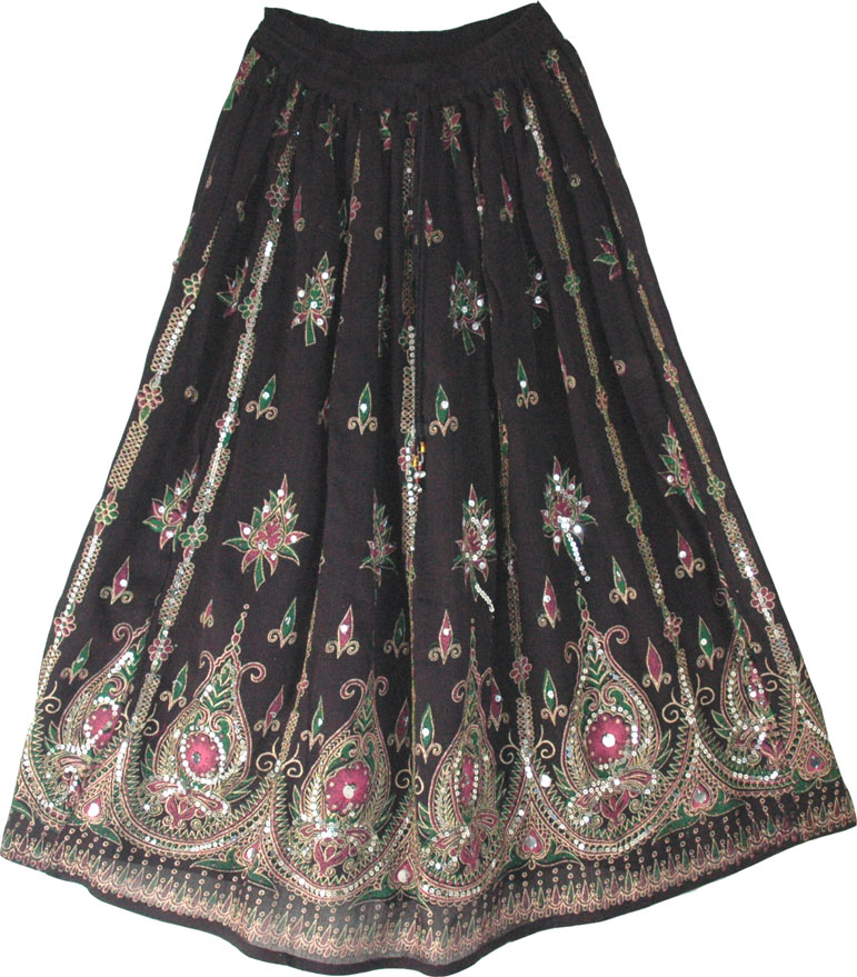 Hippie Pink and Black Long Skirt with Sequins