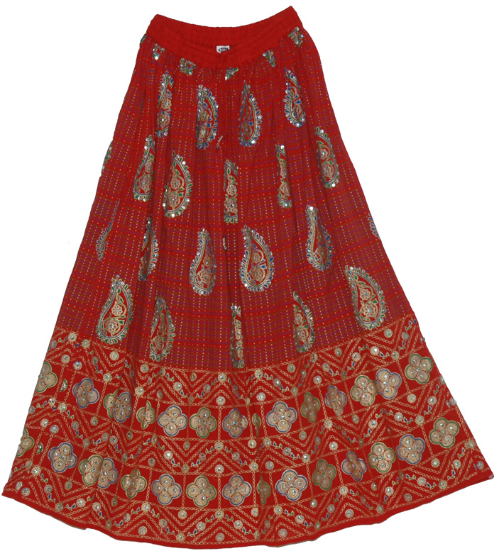 Red Punch Sequin Long Skirt