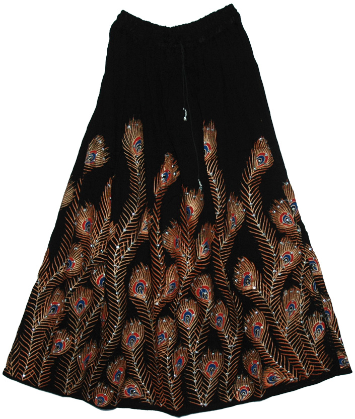Peacock Stiletto Sequined Black Long Skirt