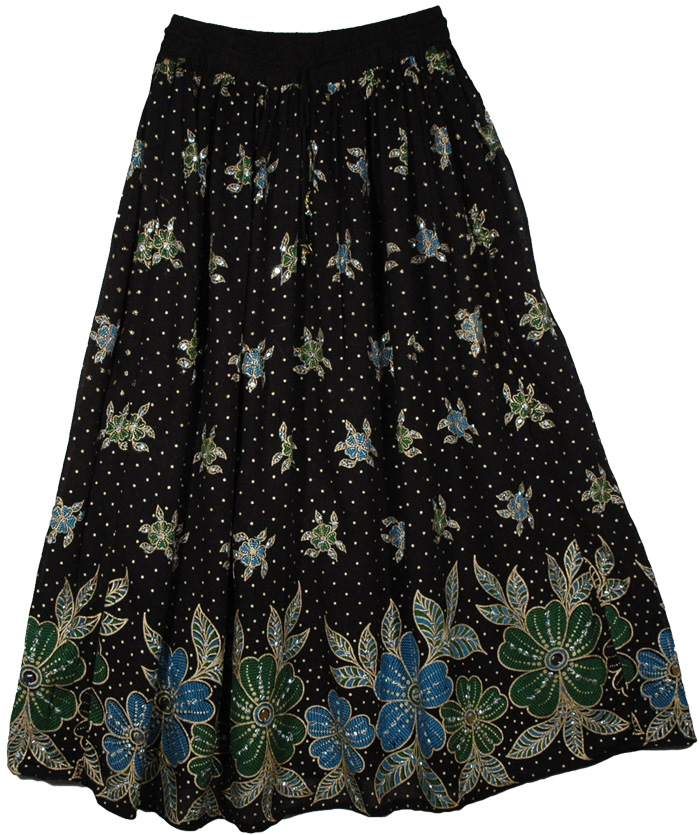 Floral Coral Sequin Black Long Skirt