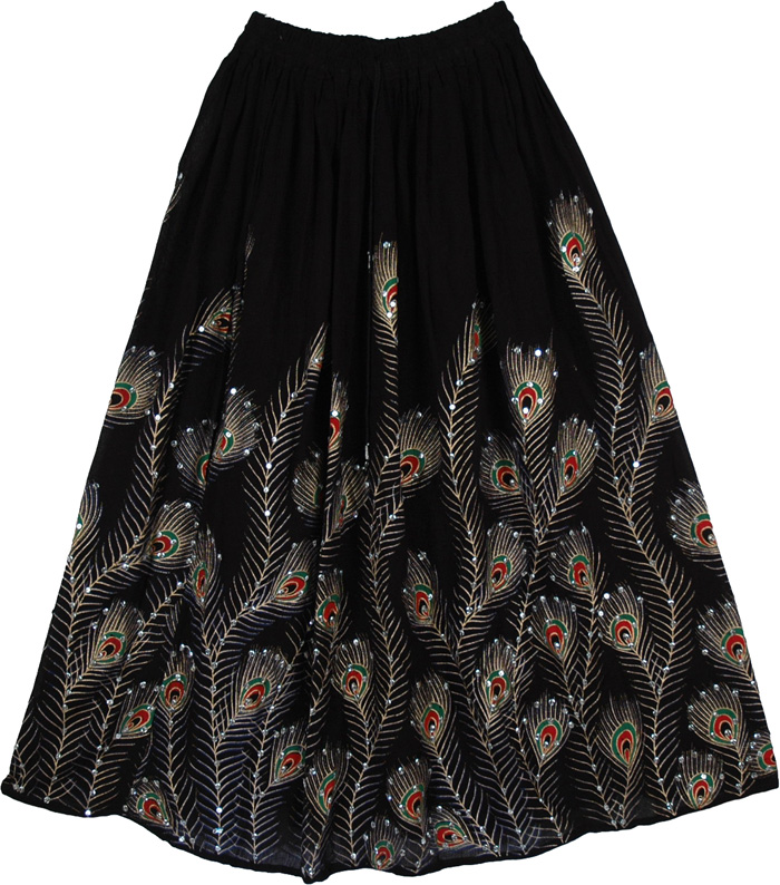 Peacock Hand Sequined Black Long Skirt