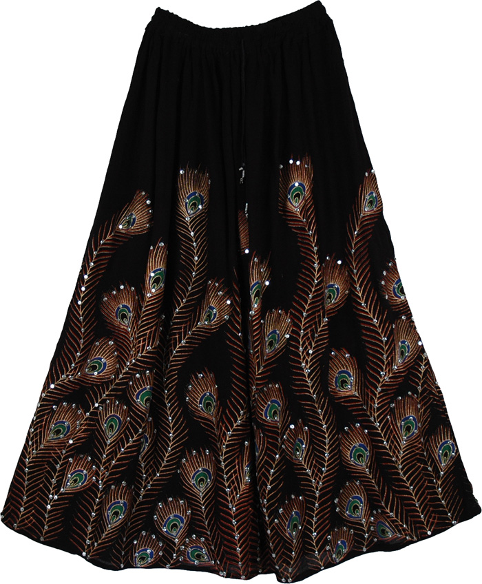 Hand Sequined Black Long Peacock Skirt