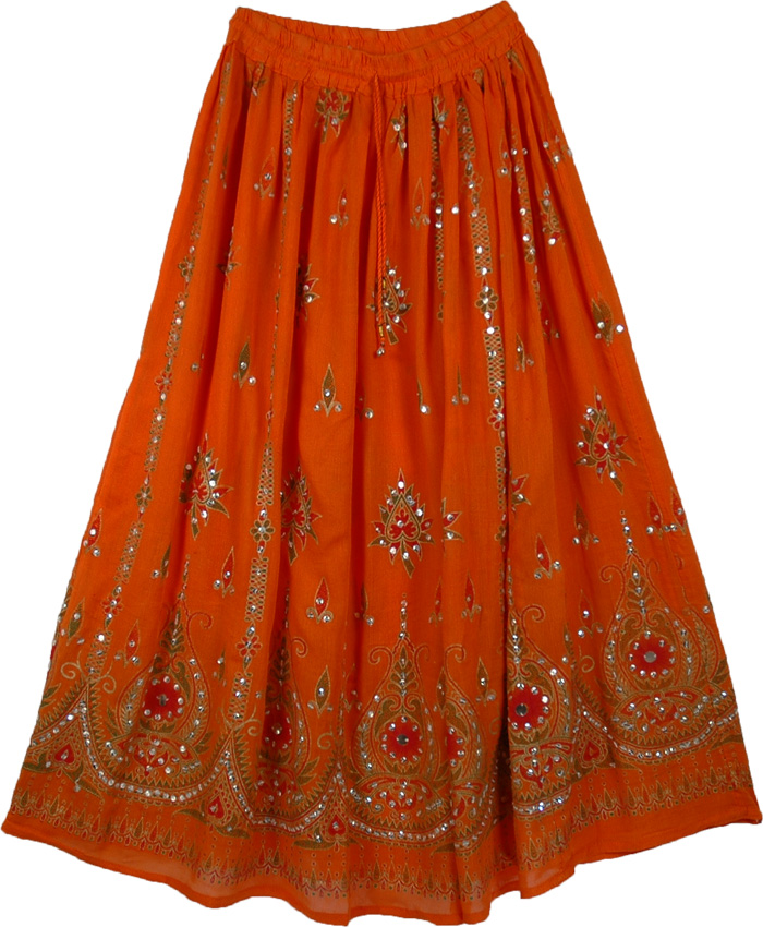 Ethnic Orange Sequined Indian Skirt, Totem Pole Long Skirt