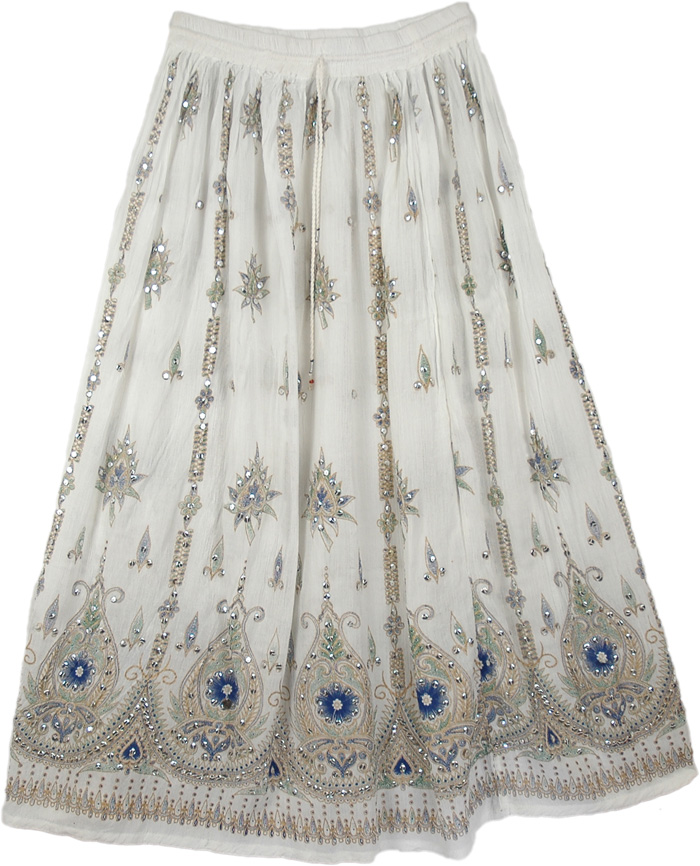 White Sequin Skirt with Navy Motifs