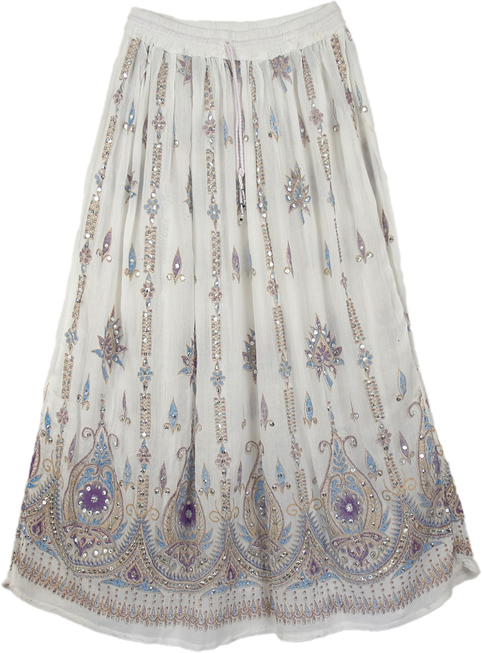 White Sequin Skirt with Purple Motifs
