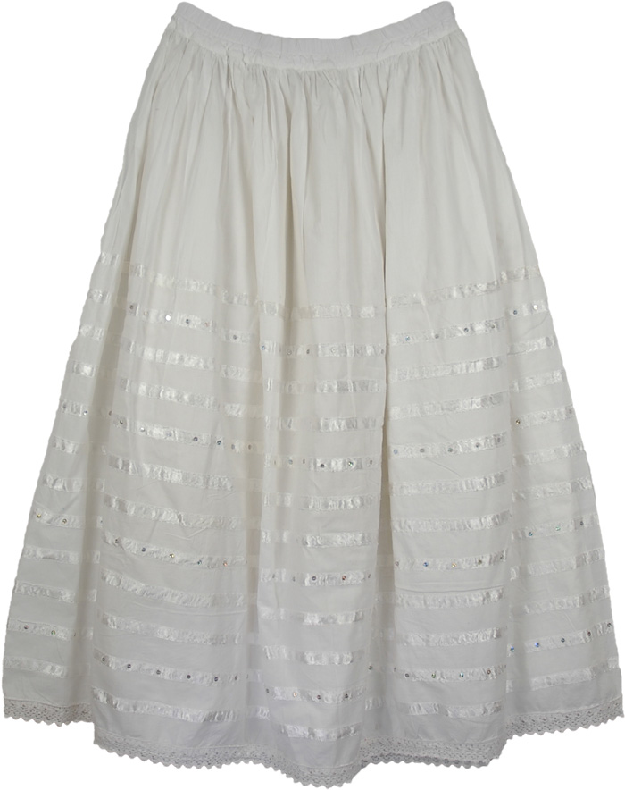 White Summer Cotton Long Skirt with Ribbons