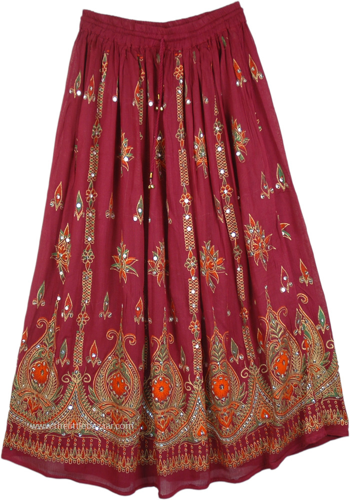 Blush Red Indian Gypsy Sequin Skirt with Florals