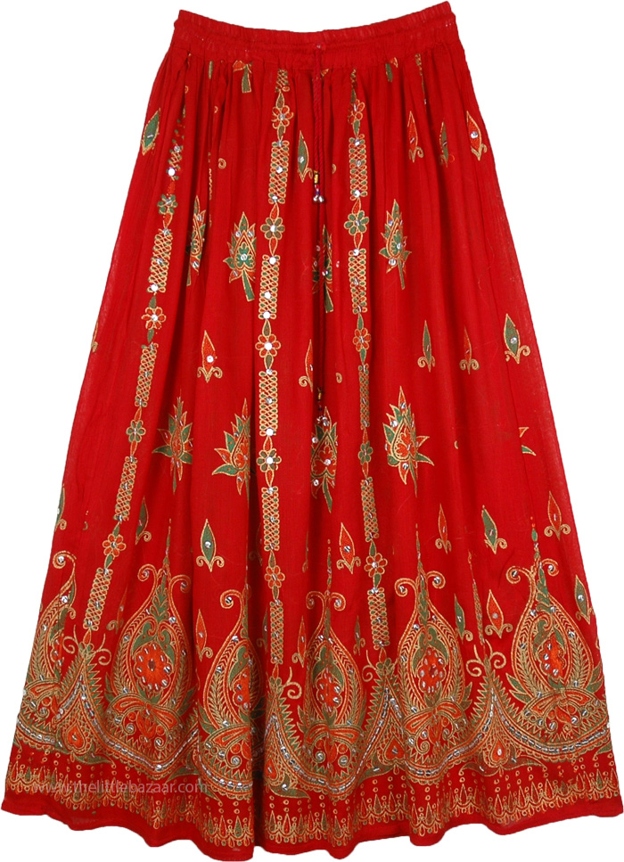 Indian Red Skirt with Sequin Work and Traditional Motifs, Passion Red Sequin Long Skirt with Elastic Waist