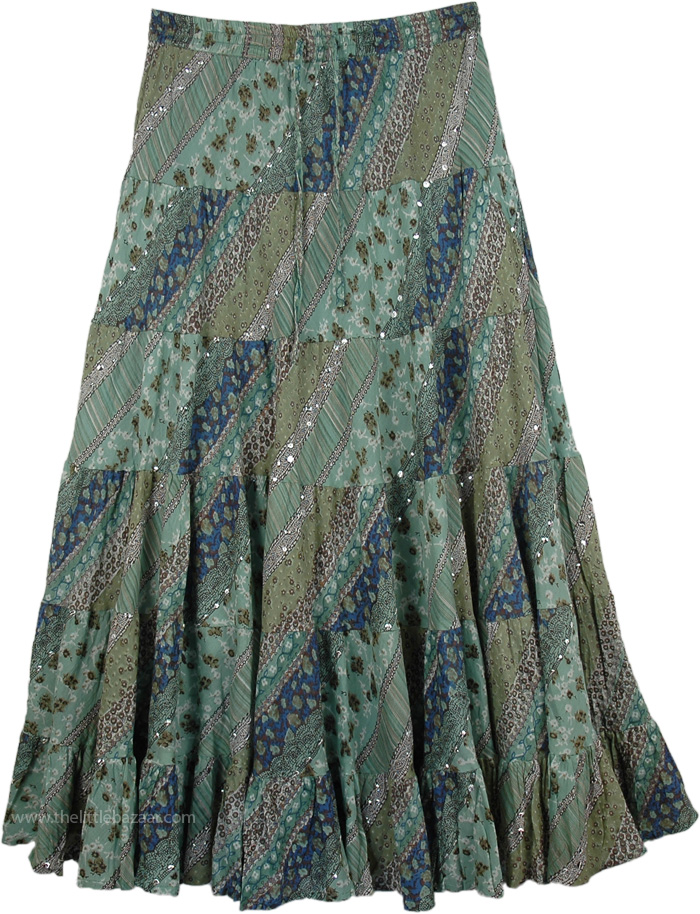 Dark Green Spiral Cut Silver Sequin Holiday Long Cotton Skirt