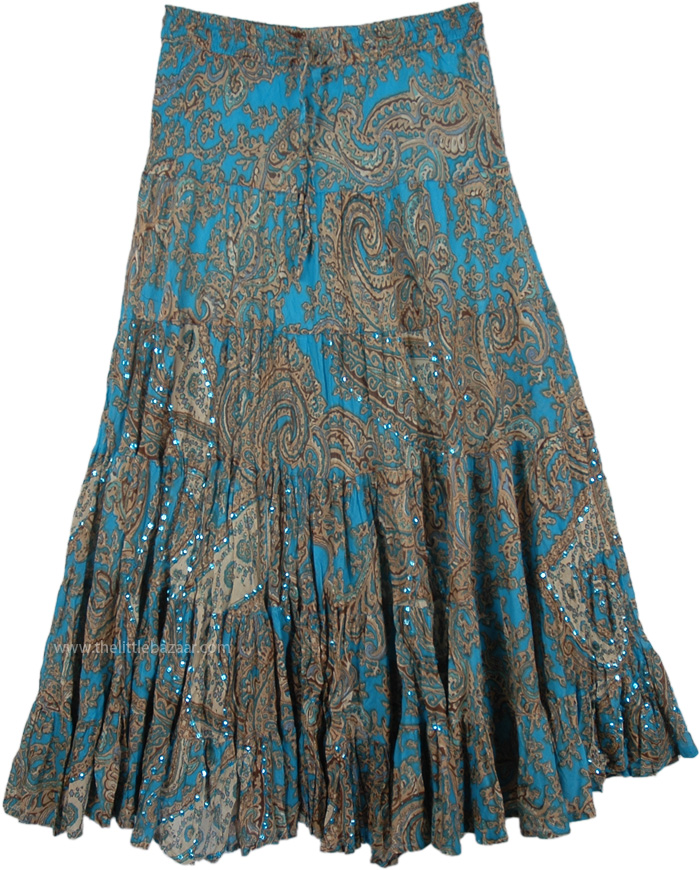 Ethnic Sequin Skirt in Blue with Paisley Print - Sequin-Skirts - Sale ...