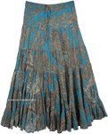 Ethnic Sequin Skirt in Blue with Paisley Print [4488]