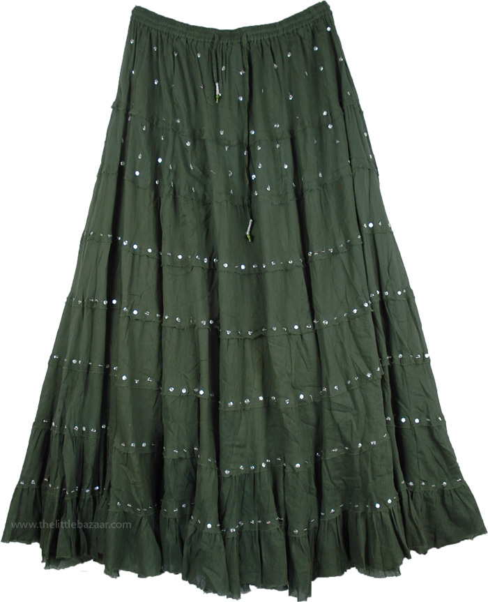 Henna Green Cotton Long Skirt with Sequins, Lunar Green Sequin Tiered Long Cotton Skirt