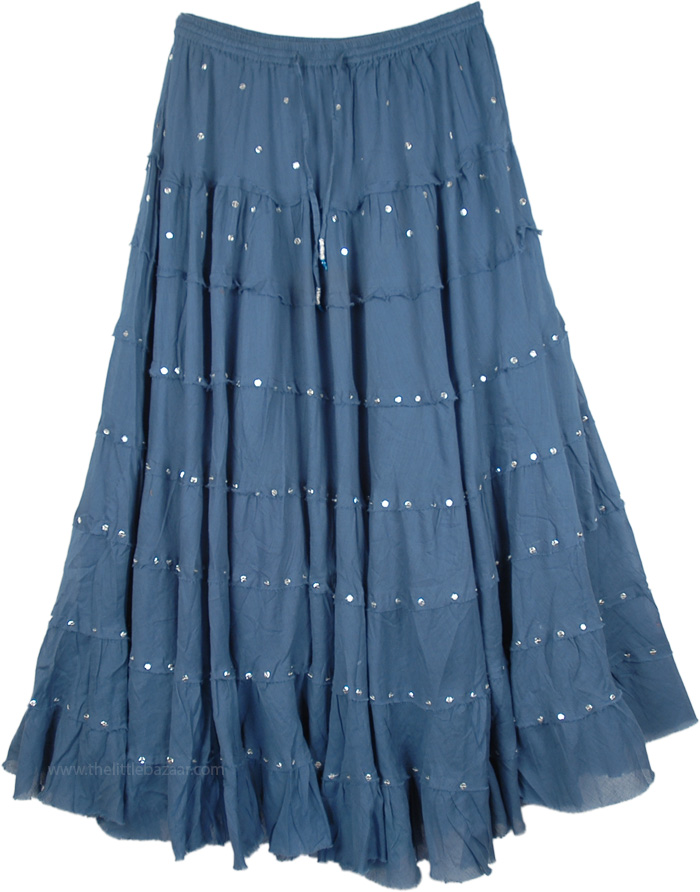 Finlandia Flare Dancing Skirt in Radiant Blue, Tiered Long Sequin Dancing Skirt in Cobalt Blue