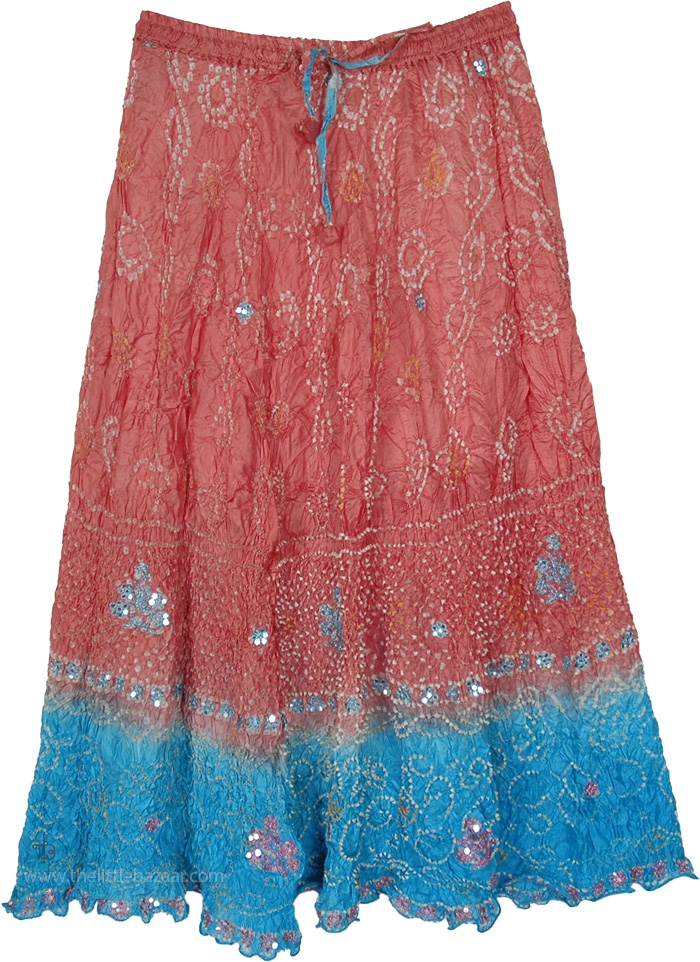 Coral Azure Sequined Pure Crushed Silk Skirt
