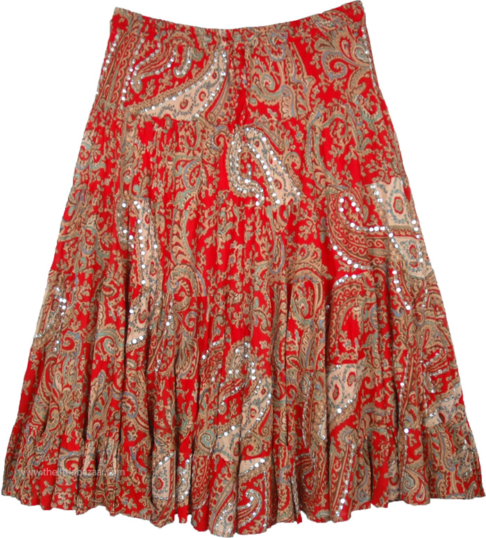 Festive Red Plus Size Bohemian Tiered Cotton Skirt with Sequins