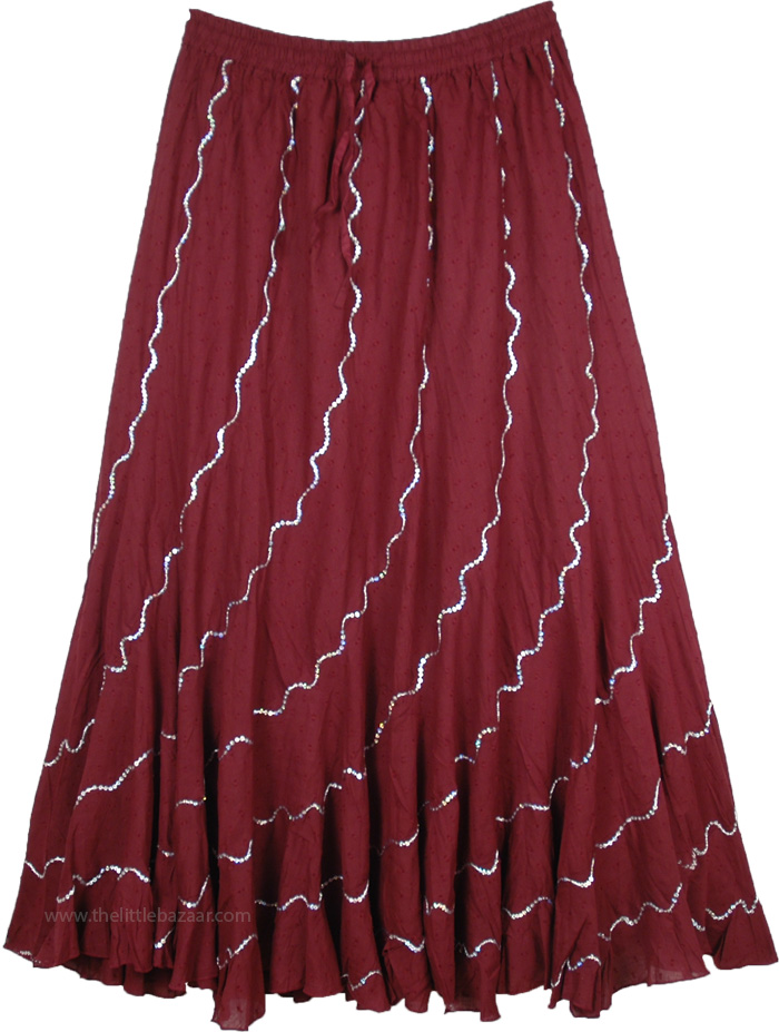 Indian Maroon Red Long Flared Skirt with Flowing Sequin Work, Spiral Cut Red Wine Silver Sequin Cotton Long Skirt Summer