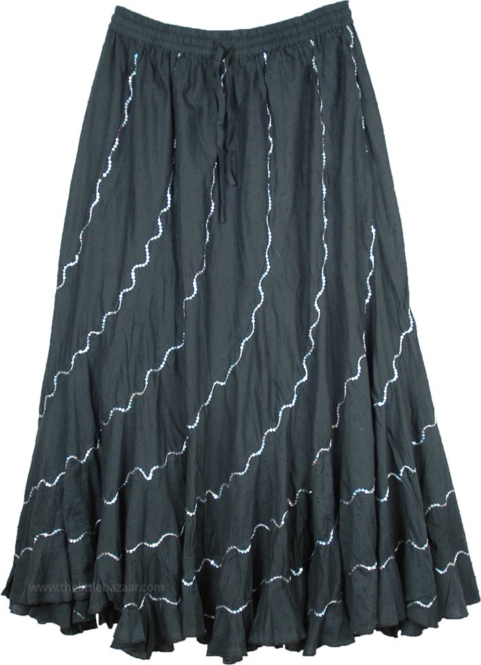 Fusion Western Green Flared Skirt with Silver Sequins, Dark Green Spiral Cut Silver Sequin Holiday Long Cotton Skirt