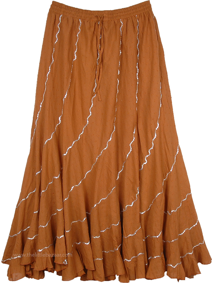 Sequined Ankle Length Bohemian Skirt in Spiral Cut with Flare, Spiral Cut Long Cotton Skirt Copper Tone with Silver Sequins