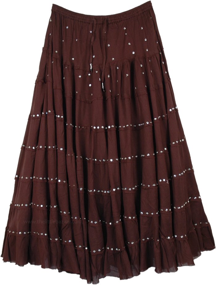 Hickory Brown Cotton Long Skirt with Sequins, Hickory Brown Sequin Tiered Long Skirt in Cotton