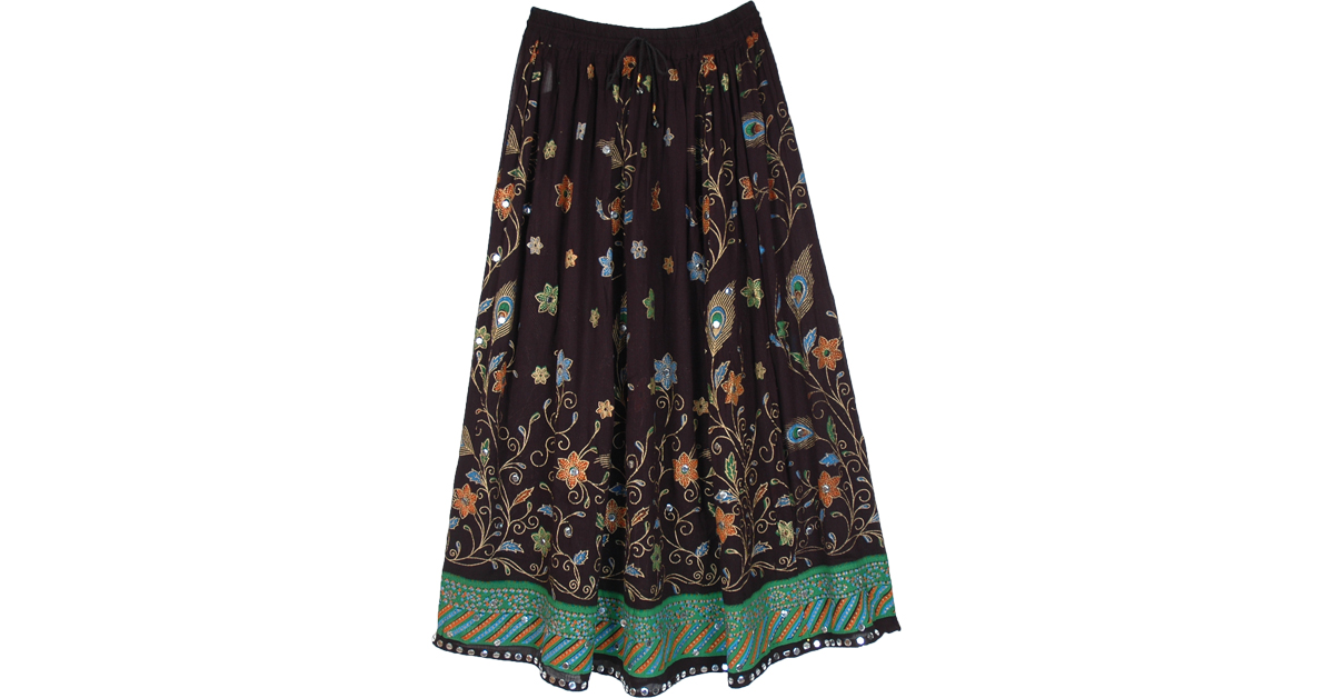 Festive Black Boho Sequined Peacock Floral Long Skirt SequinSkirts
