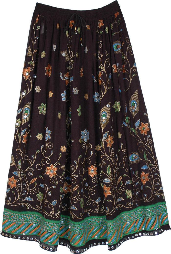 Festive Black Boho Sequined Peacock Floral Long Skirt