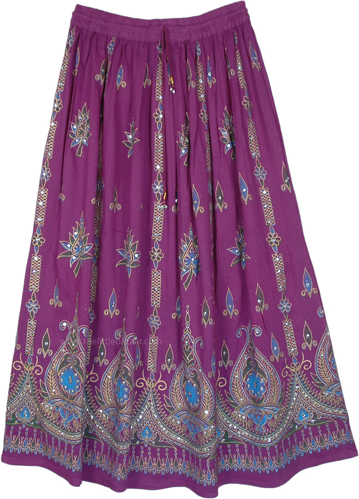 Ethnic Indian Skirt in Mauve Purple with Motifs and Sequins, Mauve Celebration Sequined Skirt with Floral Motifs