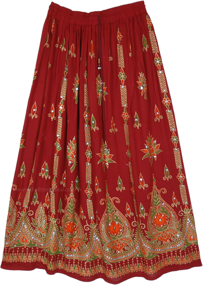 Ethnic Indian Skirt in Red with Motifs and Sequins, indie Festival Sequined Skirt with Floral Motifs In Red