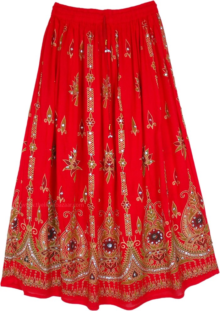 Rouge Festival Skirt with Motifs and Sequins in Rayon by TLB